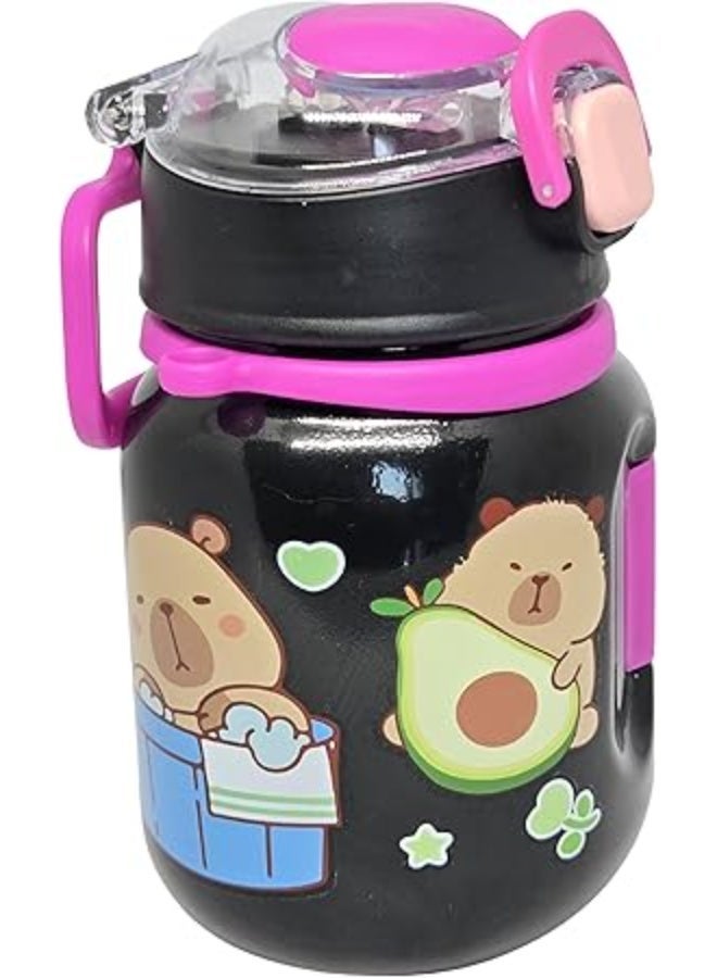 MINIIMODZ Bear Kids Water Bottle with Straw 500ml BPA-Free Plastic, School & Picnic Bottle for Toddlers – Black & Pink (BLACK) - Image 1
